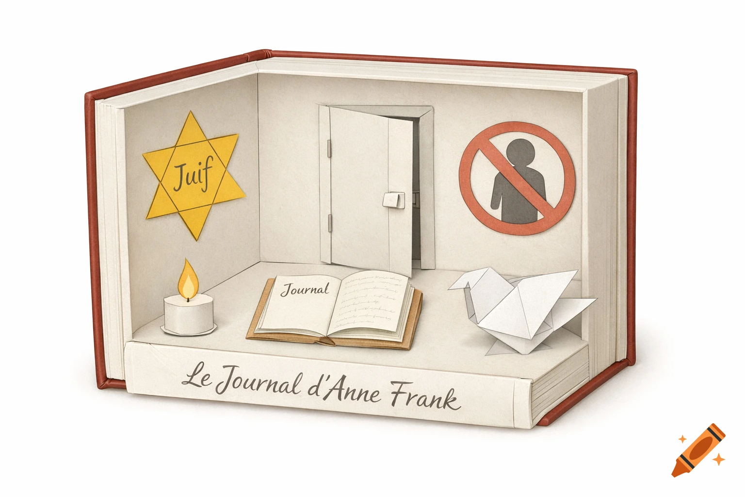 Papercraft bookbox inspired by Anne Frank's Diary, featuring a yellow star 'Juif', open diary, candle, door, forbidden sign, and origami dove.