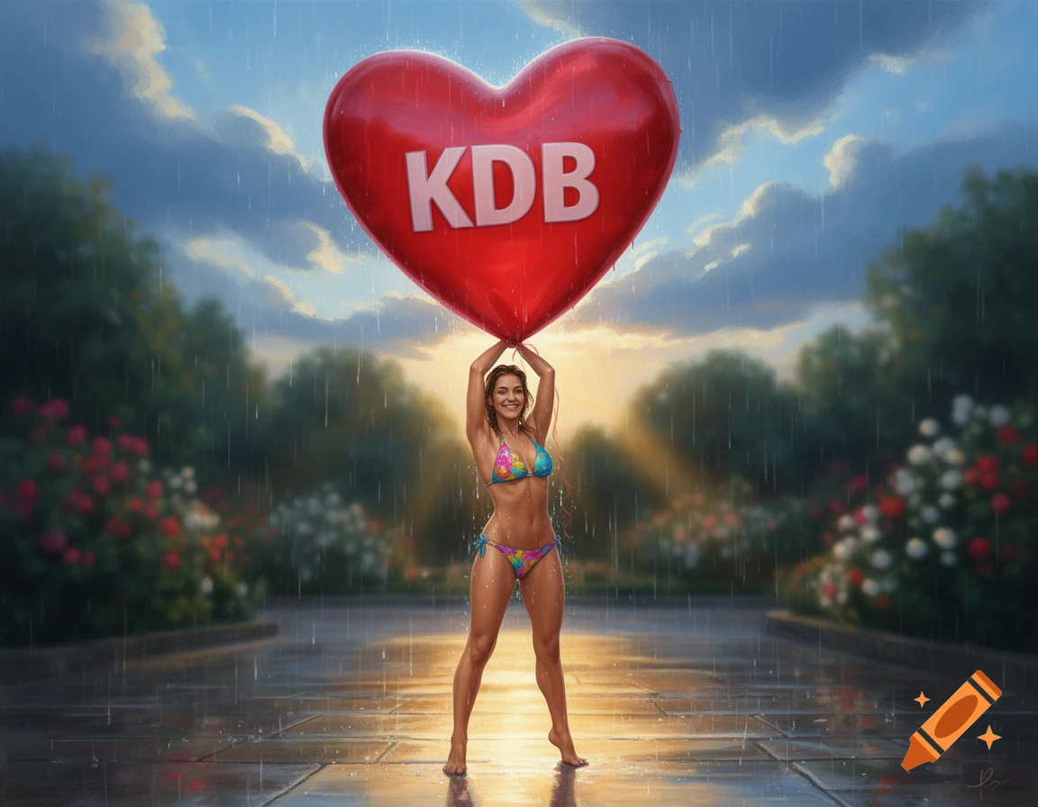 Smiling woman in a colorful bikini holding a large red heart balloon with 'KDB' in a rainy park setting.