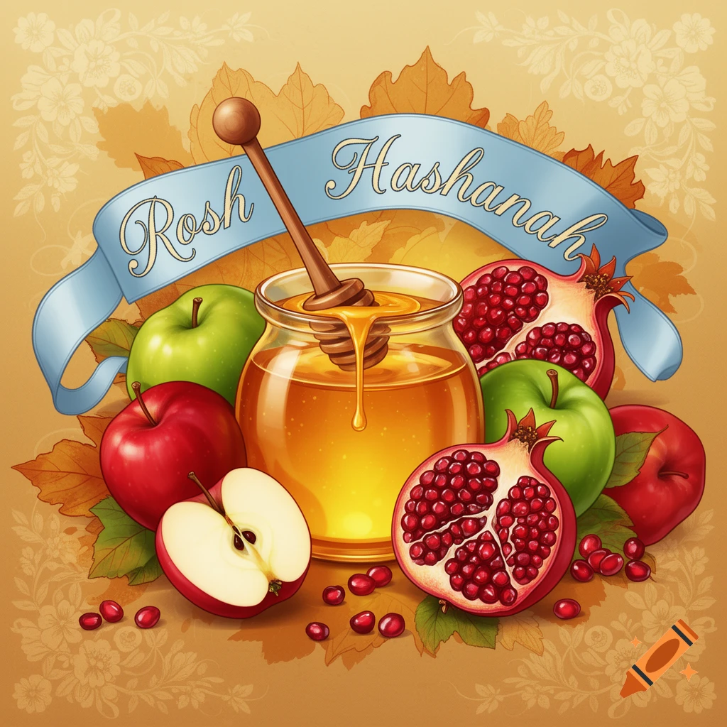 An illustration for Rosh Hashanah with a honey jar, apples, pomegranates, and a blue banner saying 'Rosh Hashanah' on a fall-themed background.