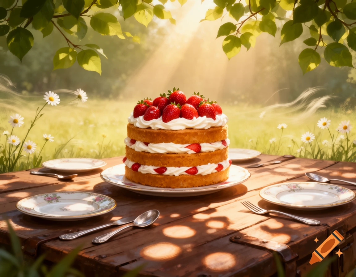 Three-layer strawberry and cream sponge cake on a wooden picnic table, bathed in sunlight under green leaves.