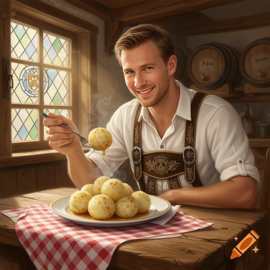 A smiling man in traditional lederhosen holds a fork with a dumpling over a plate of steaming dumplings in a rustic, Bavarian-style tavern.