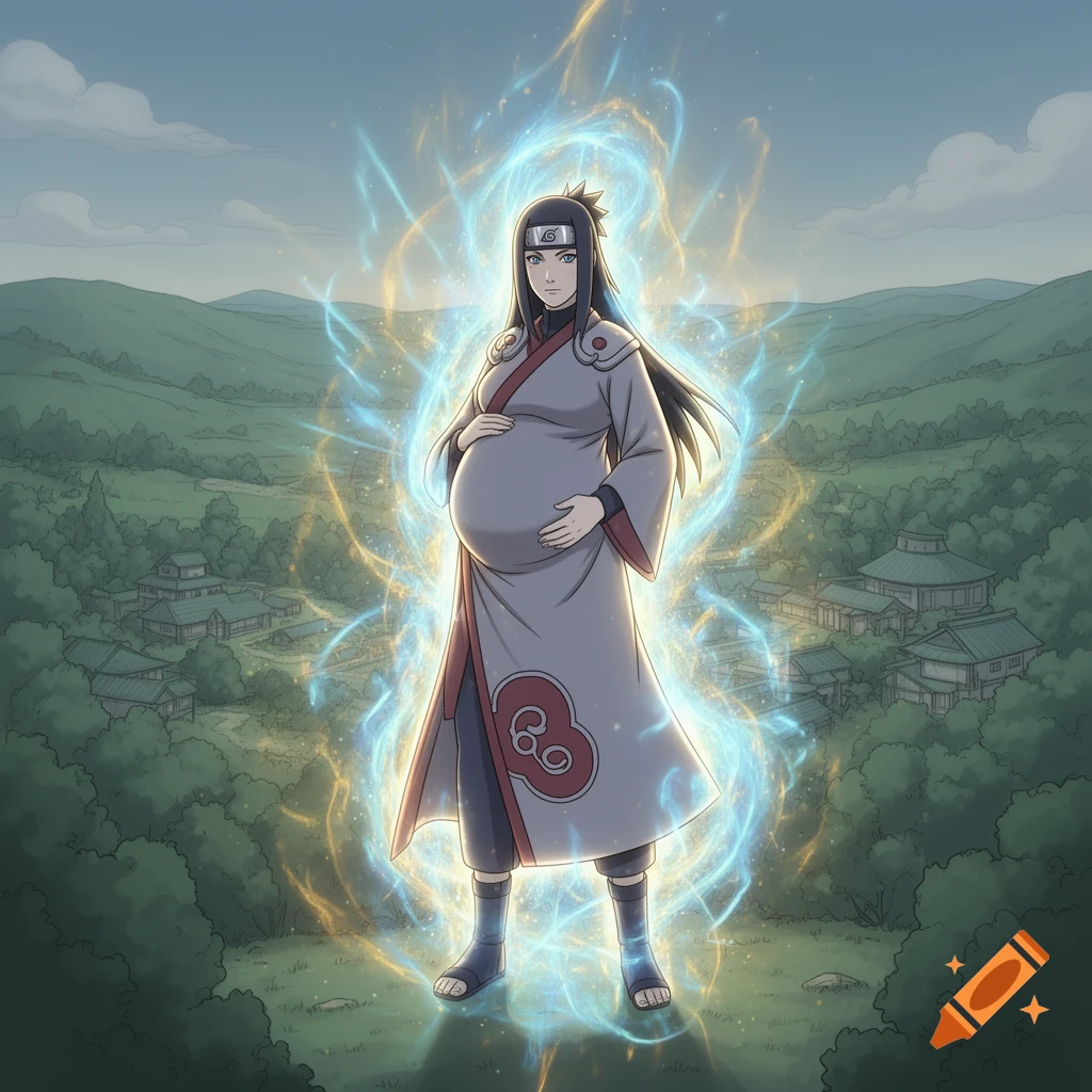 A pregnant anime character with a glowing blue and gold aura stands in a rural landscape with mountains and traditional Japanese buildings.