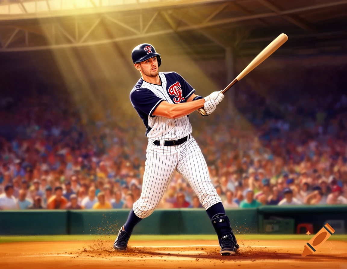 A male baseball player in a white and blue pinstriped uniform takes a powerful swing at the plate in a brightly lit stadium.