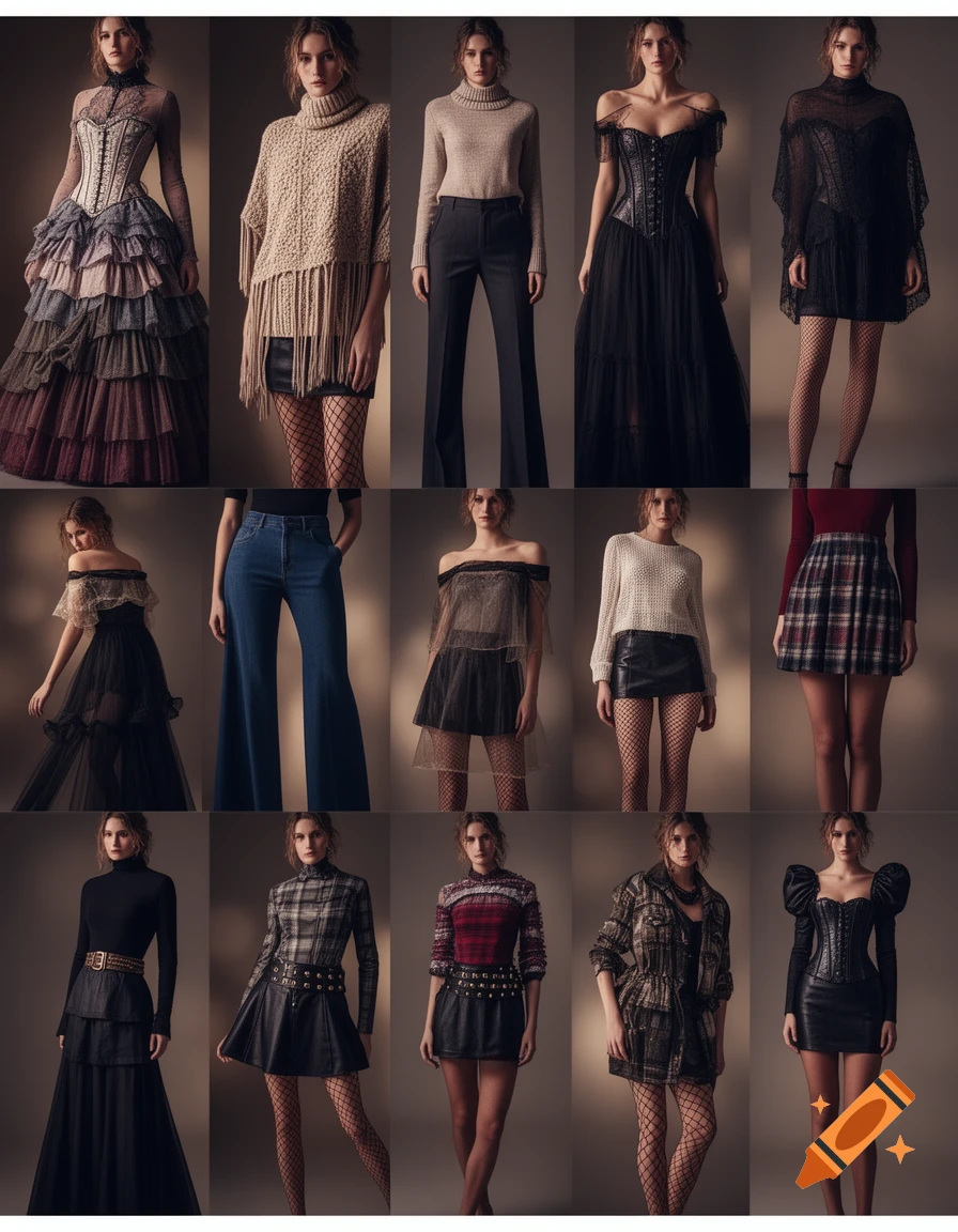 A grid of 15 female models showcasing various fashion outfits including corsets, sweaters, skirts, dresses, and pants.