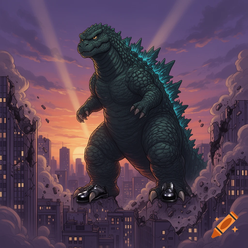 Godzilla in small black shoes stomps through a ruined city at sunset, comic book style.