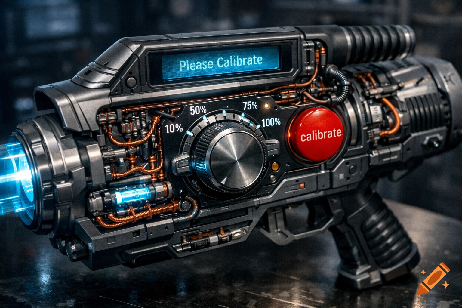 A detailed, photorealistic futuristic shrink ray gun with exposed circuits, an LCD screen reading 'Please Calibrate', a knob, and a red 'calibrate' button.
