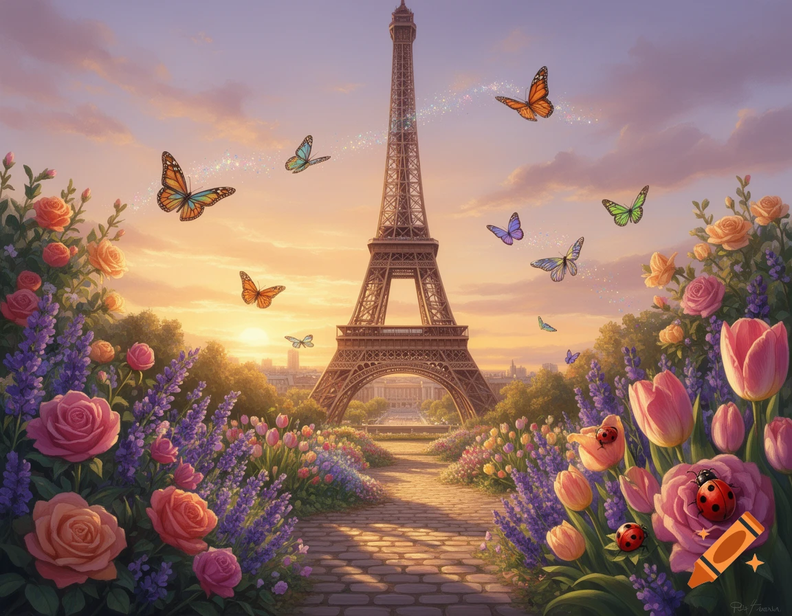 Enchanting sunset view of the Eiffel Tower, framed by colorful roses, lavender, tulips, butterflies with sparkling trails, and ladybugs.