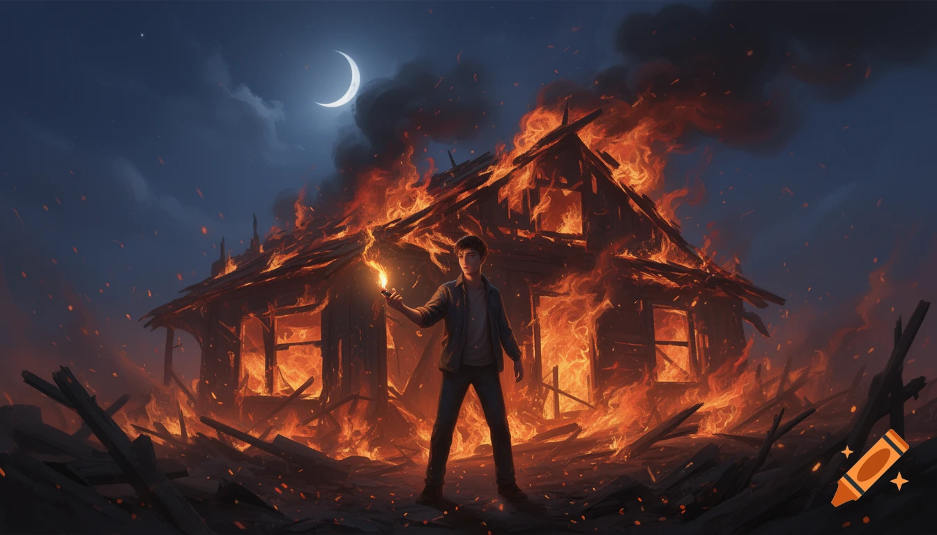 A dramatic illustration of a person holding a glowing lighter in front of a burning house under a crescent moon at night.