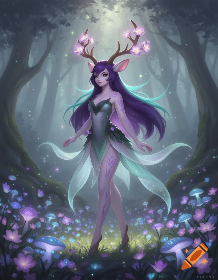 Fantasy forest spirit with purple hair, antlers, and a leafy dress, stands in a glowing forest of purple flowers and mushrooms.