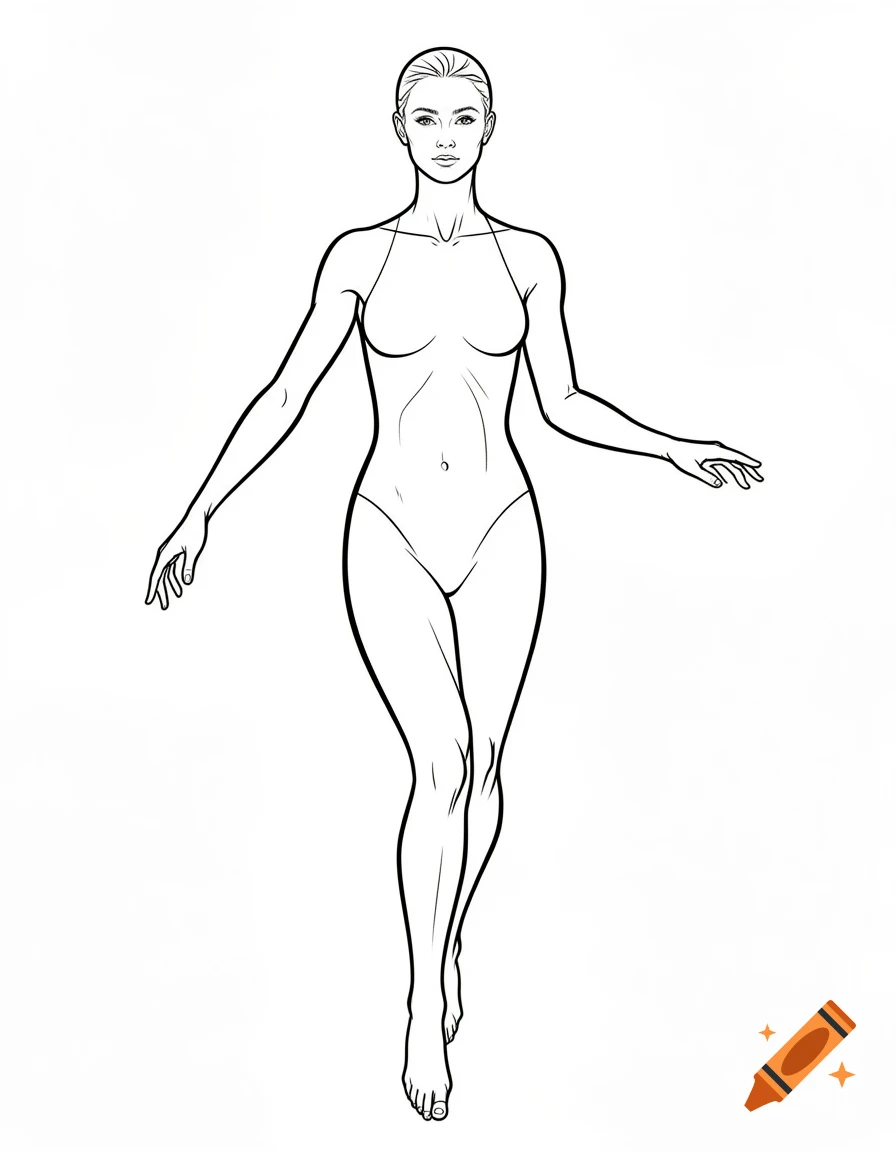 A full-body line art illustration of a slim woman in a dynamic pose, set against a white background.