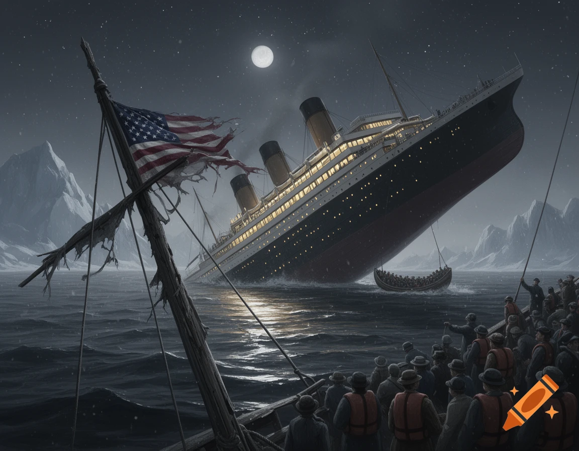 A large ship, likely the Titanic, sinks into icy waters at night under a full moon, with icebergs. People are in lifeboats and on deck, a tattered US flag in the foreground.