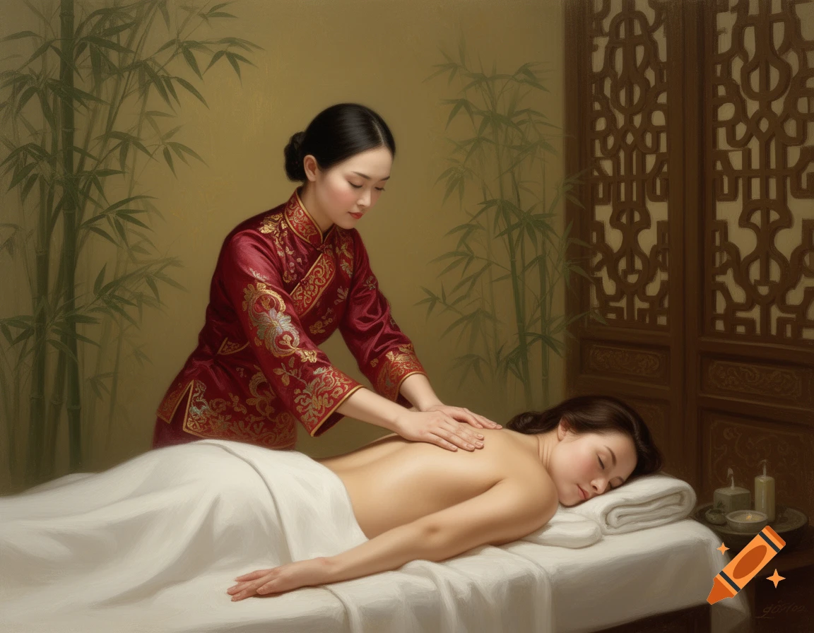 A woman in a red traditional top gives a back massage to another woman on a spa table, in a serene painted scene with bamboo.