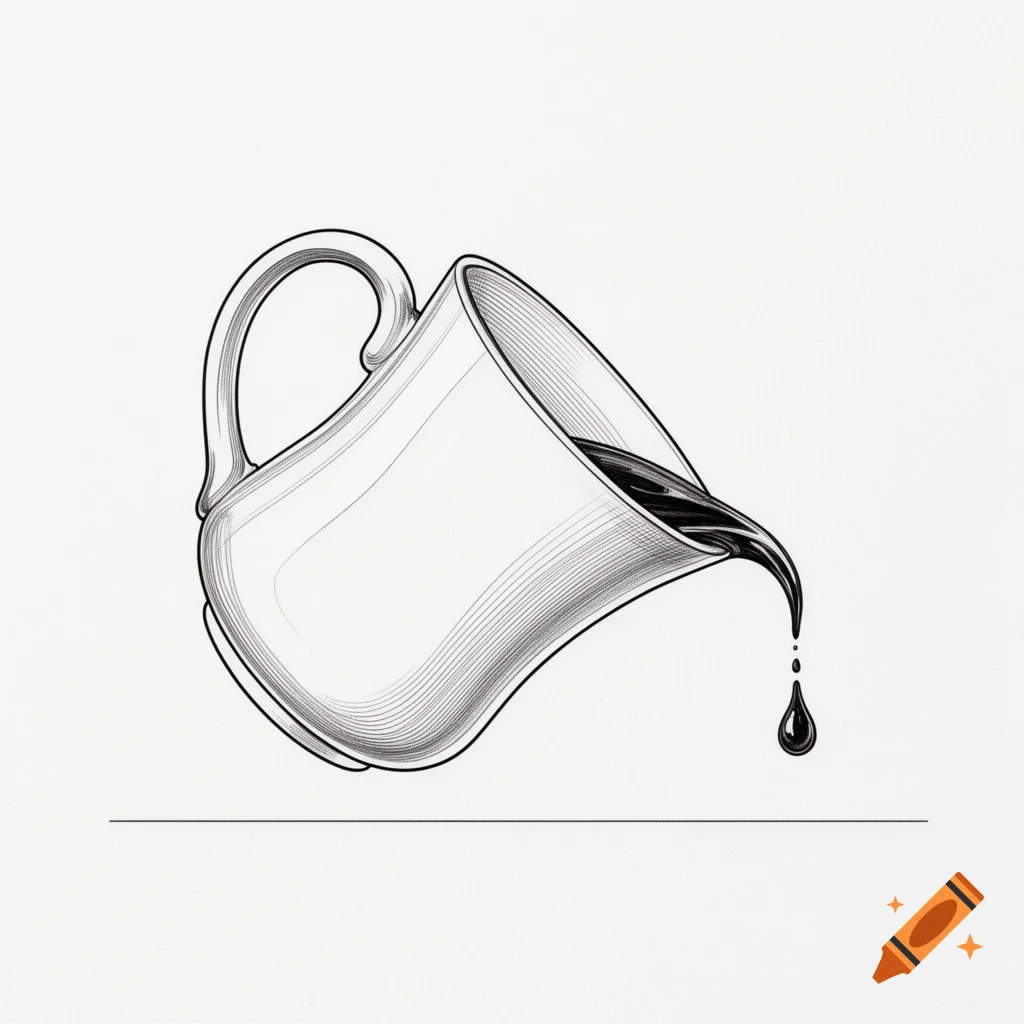 Line art drawing of a tilted coffee mug with dark liquid pouring out, forming a single drop below.