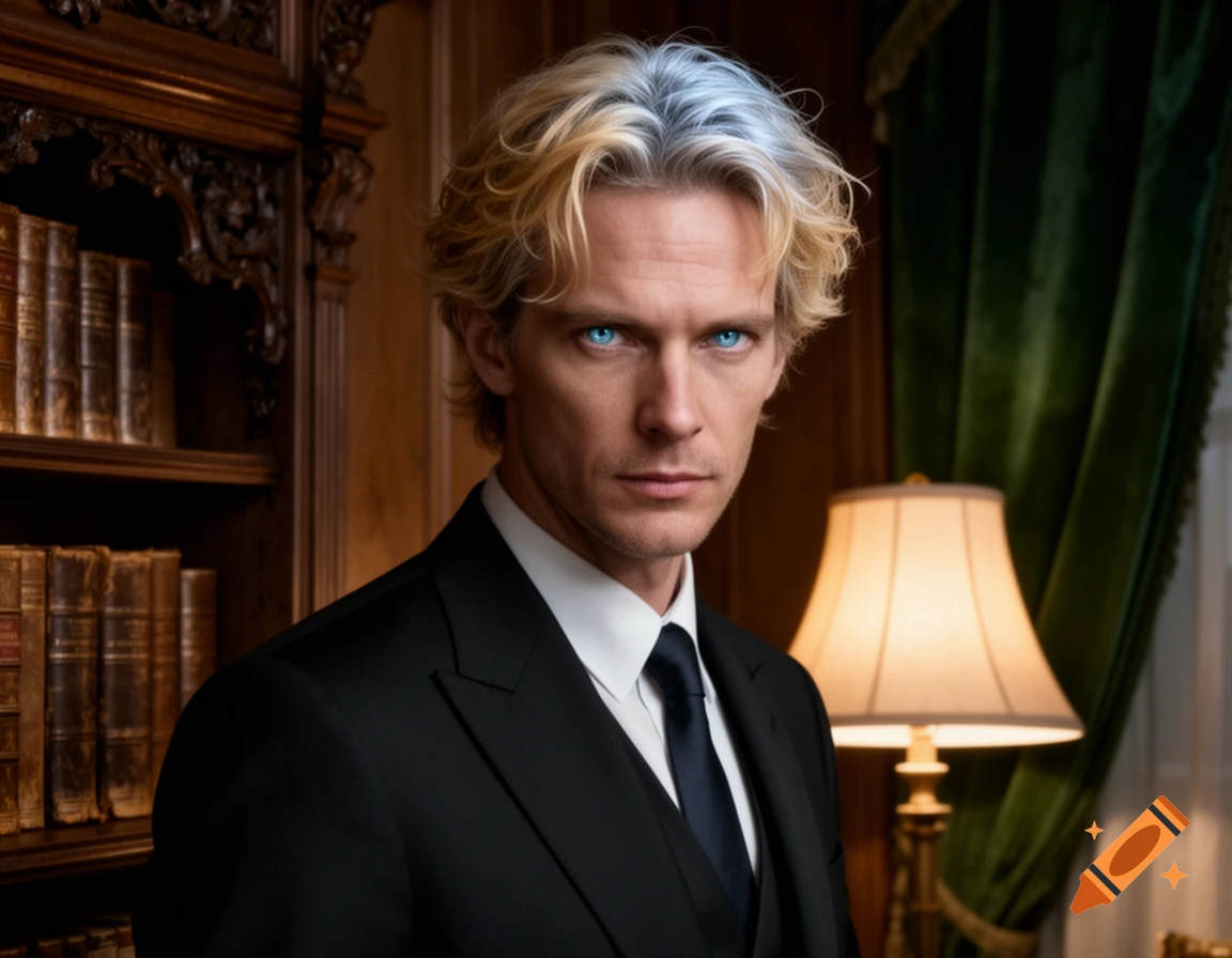 A man with blonde and white hair and bright blue eyes, wearing a black suit, stands in a library with a lamp.