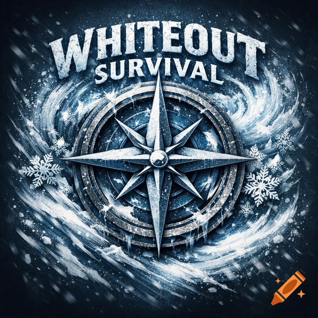 Whiteout Survival logo featuring a compass, snowflakes, and icy texture on a dark blue background.
