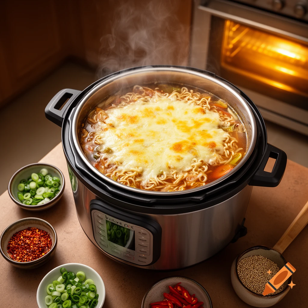 A steaming Instant Pot filled with ramen noodles and melted cheese, surrounded by bowls of chopped scallions, chili flakes, and red chilies.