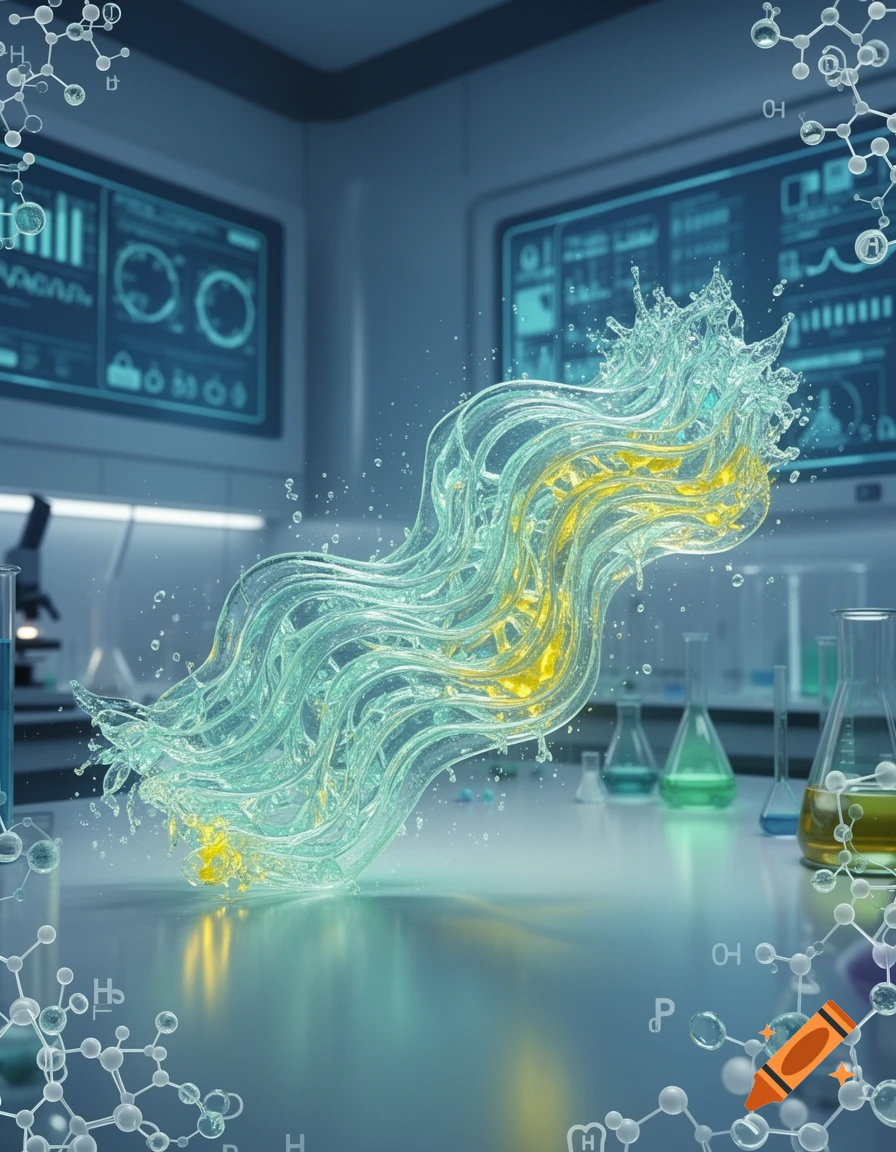 A glowing, wavy, clear liquid gel with yellow accents, splashing in a futuristic science lab with beakers and digital screens.