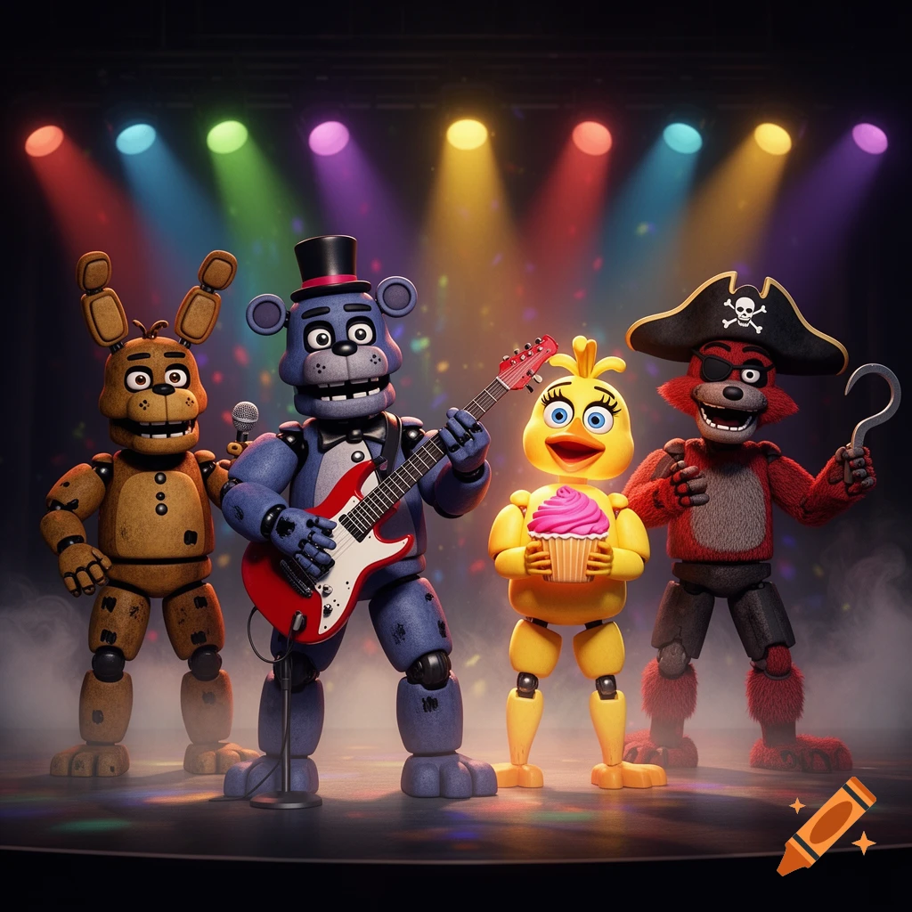 Four animatronic characters from FNAF perform on a stage under colorful spotlights. A brown rabbit, a blue bear with a guitar, a yellow chicken with a cupcake, and a red pirate fox with a hook stand in a line.