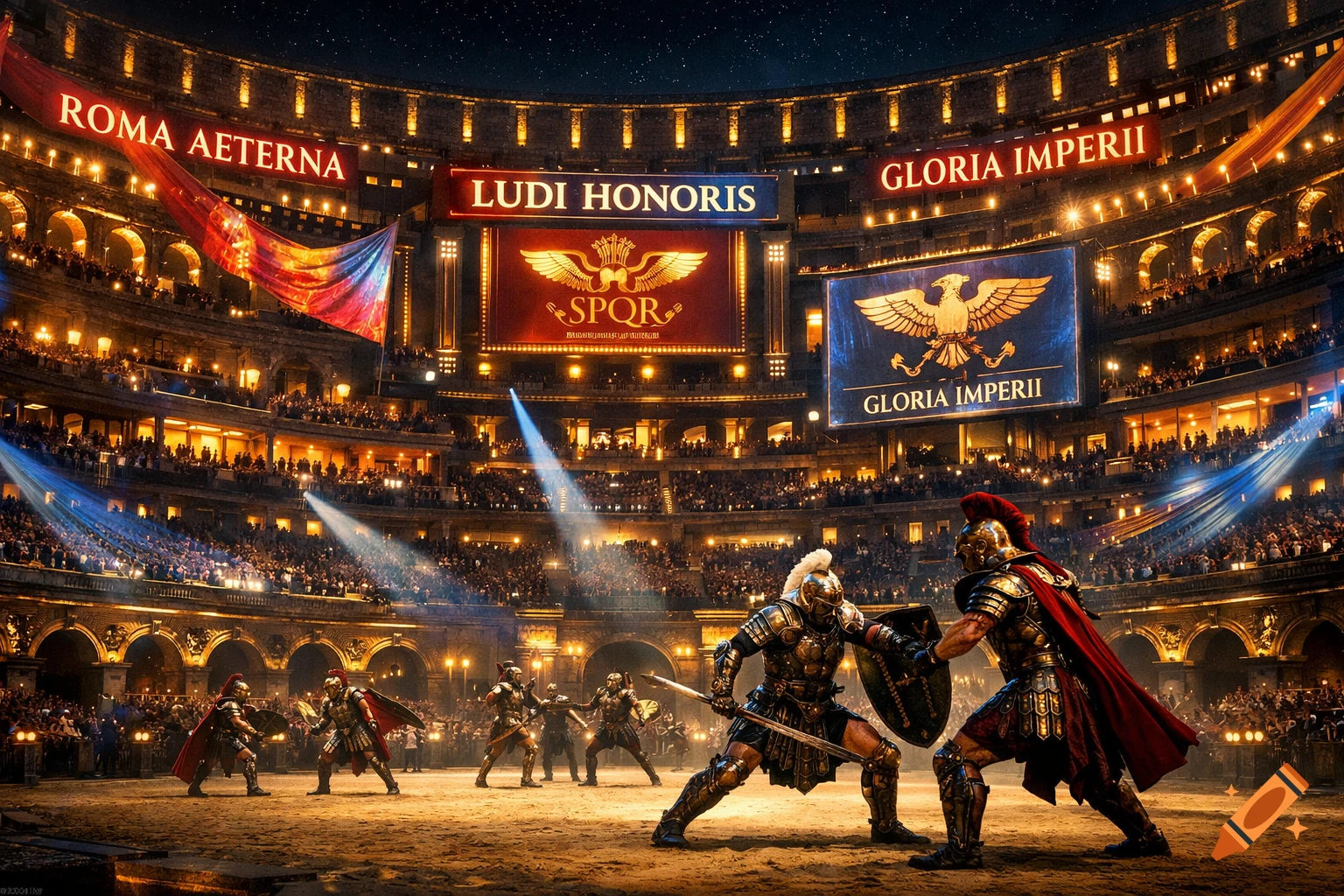 An epic, cinematic view inside a vast, modern Colosseum at night, with glowing gold inlays and holographic banners. Roman gladiators in stylized armor engage in a ceremonial duel under dramatic lighting as spectators fill the tiers.