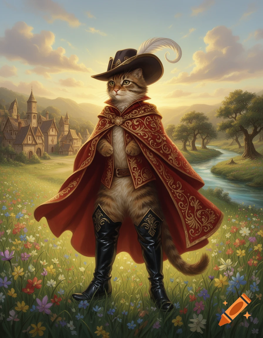An anthropomorphic cat in a red cape, feathered hat, and black boots stands in a field of wildflowers with a medieval village and river in the background.