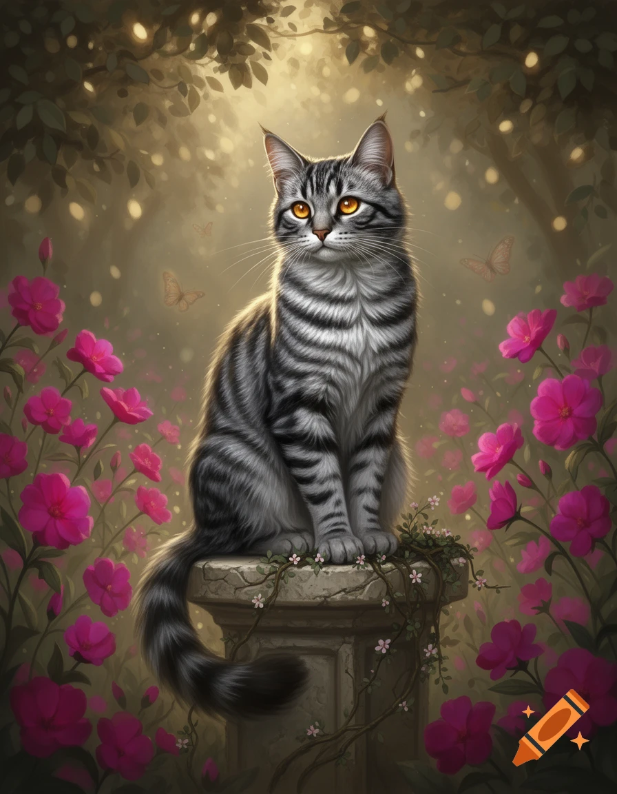 A stylized illustration of a silver tabby cat with orange eyes sitting ...