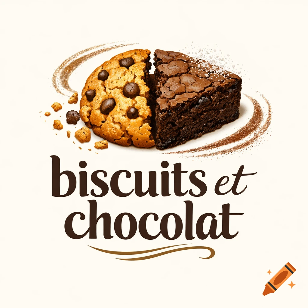 Logo featuring a split chocolate chip cookie and a chocolate brownie, with "biscuits et chocolat" text below.