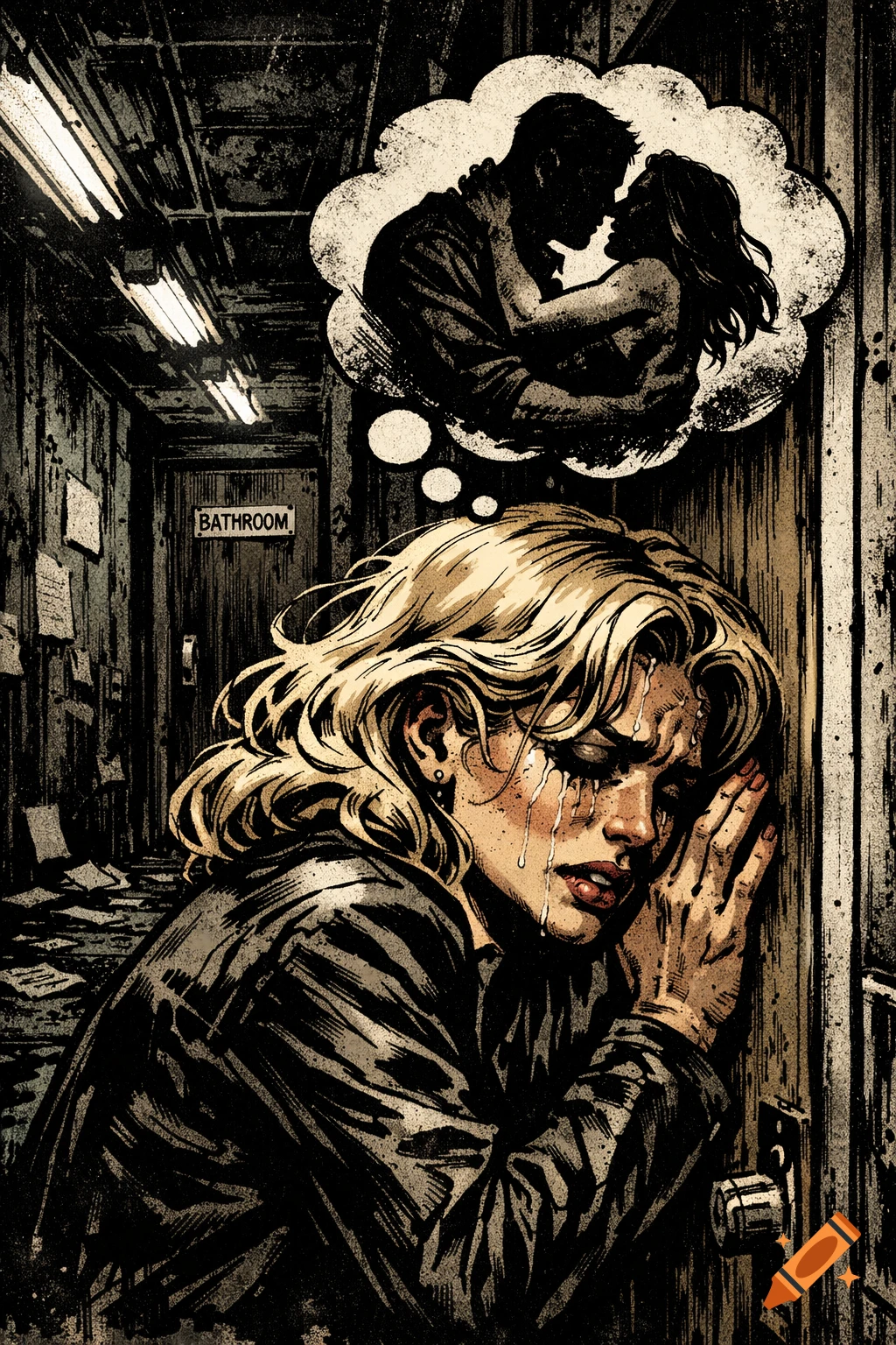 Gritty comic art of a crying blonde woman leaning against a bathroom door, with a thought bubble of a couple embracing.