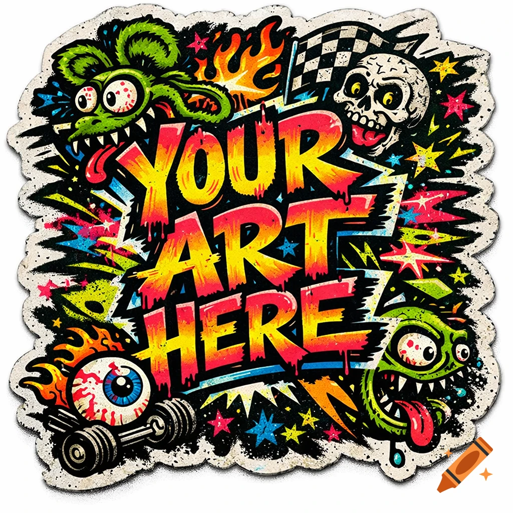 A vibrant, grunge-style sticker featuring "YOUR ART HERE" text surrounded by cartoon monsters, a skull, and an eyeball with barbells.