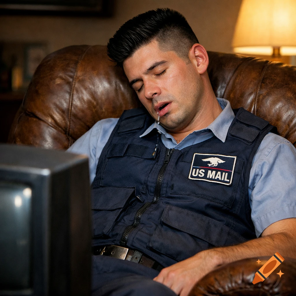 A man in a US Mail uniform and tactical vest sleeps, drooling, in a brown armchair with a TV in the foreground.