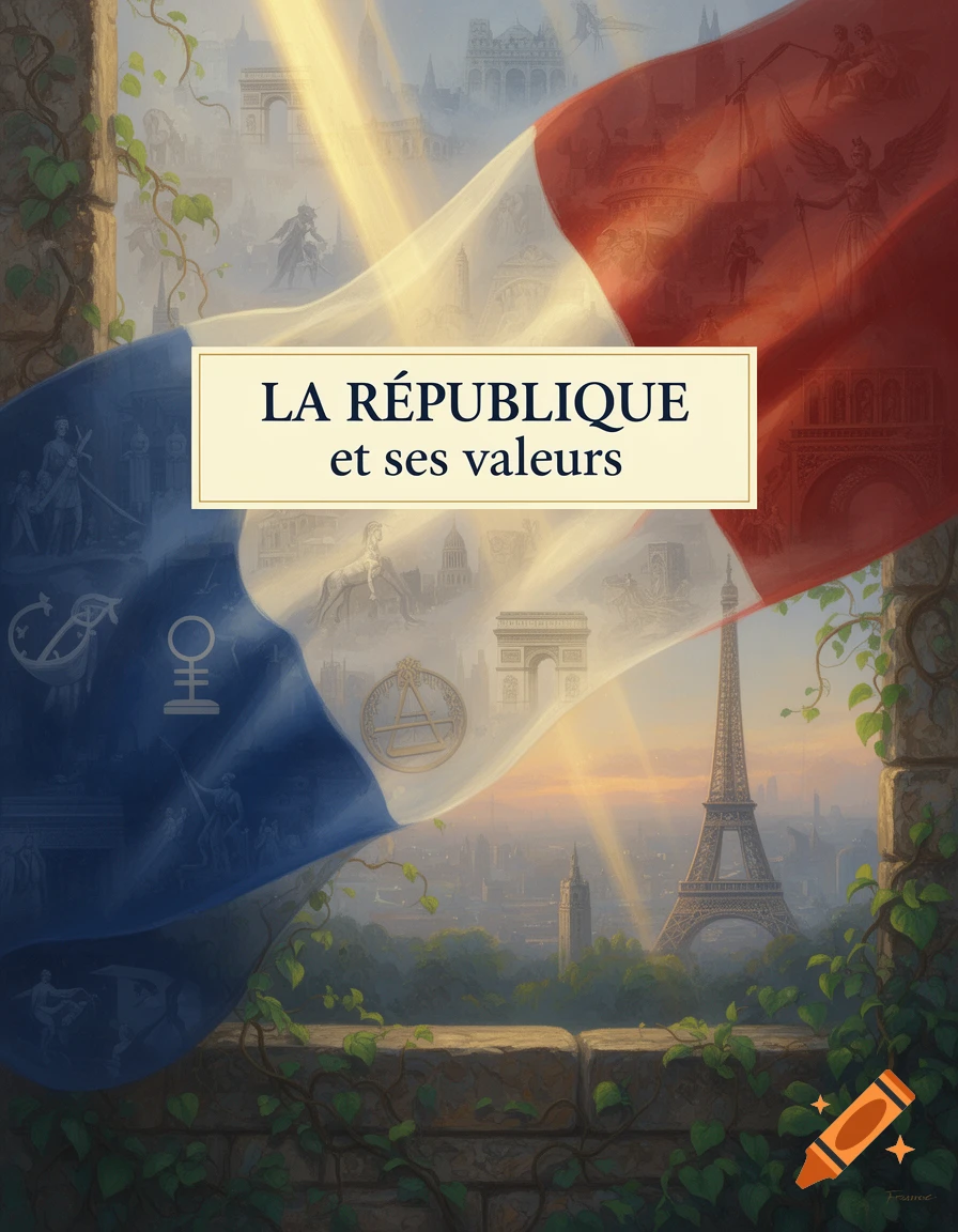 Stylized illustration of a French flag with 'LA RÉPUBLIQUE et ses valeurs' text, draped over a Parisian cityscape with the Eiffel Tower.