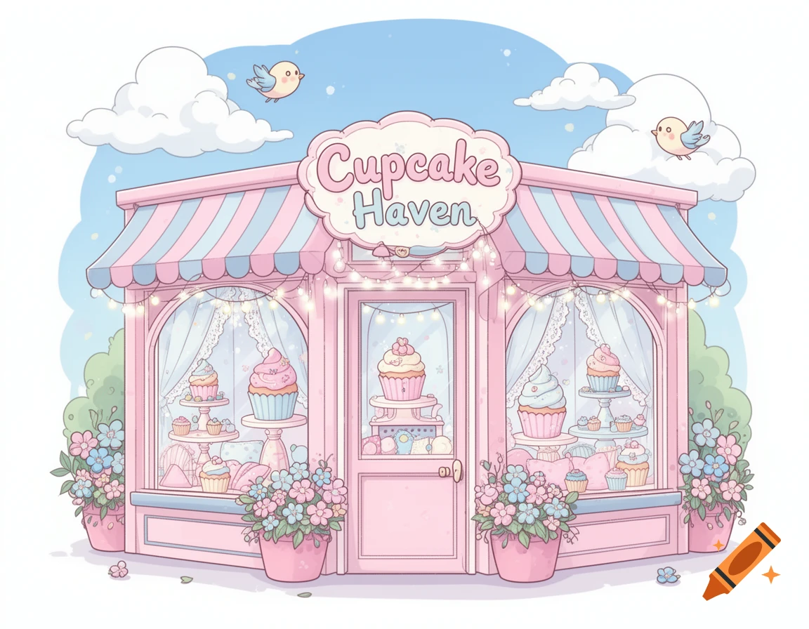 A cute cartoon cupcake cafe named 'Cupcake Haven' with pink and blue stripes, string lights, and potted flowers.