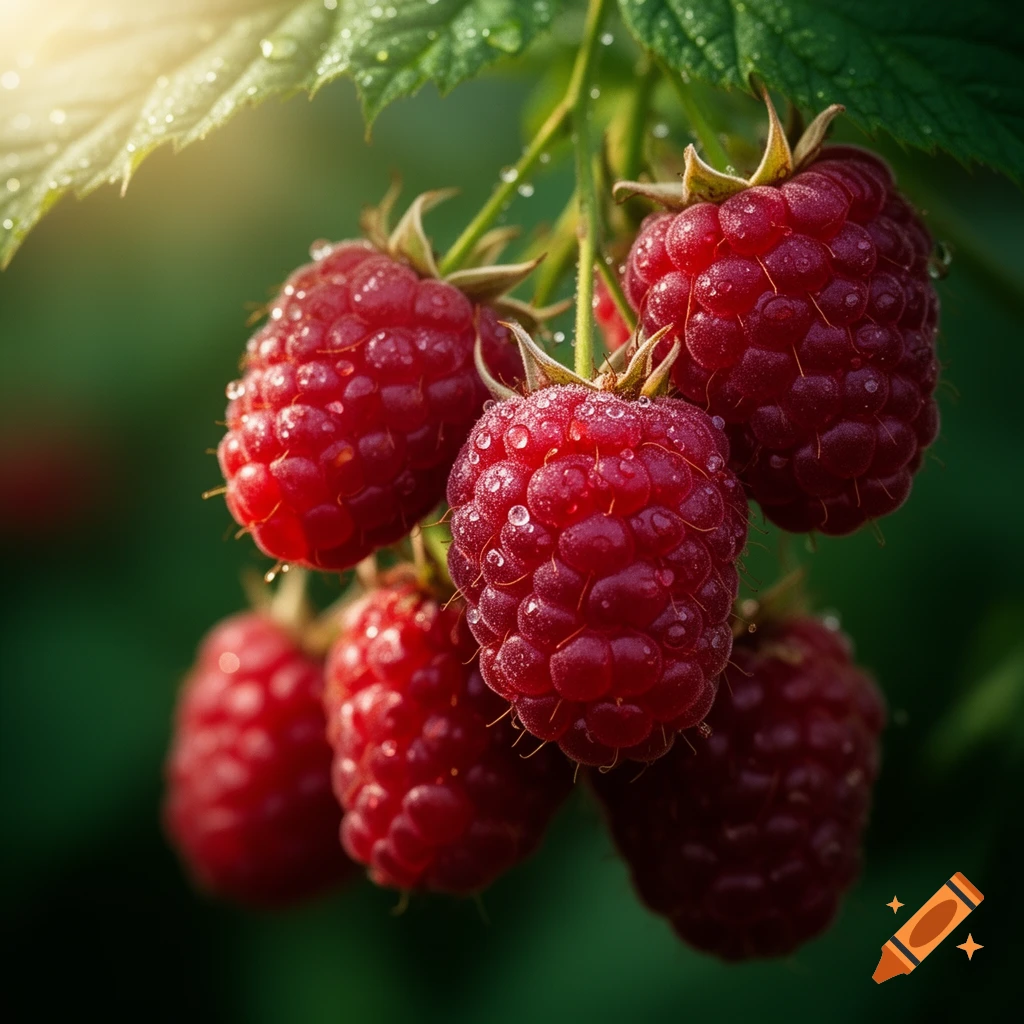 Close-up of several ripe red raspberries covered in dewdrops, hanging from a vine with green leaves.