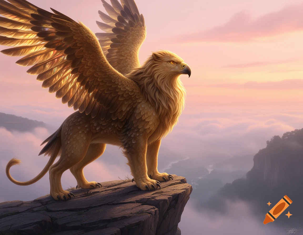 A majestic golden griffin with large wings stands on a rocky cliff overlooking a misty valley at sunset.