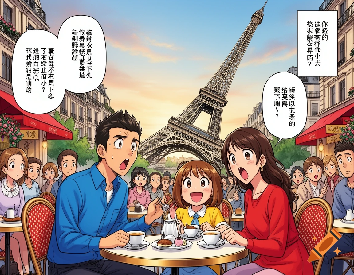 Anime illustration of a surprised family at a Paris cafe with the leaning Eiffel Tower in the background, featuring speech bubbles.
