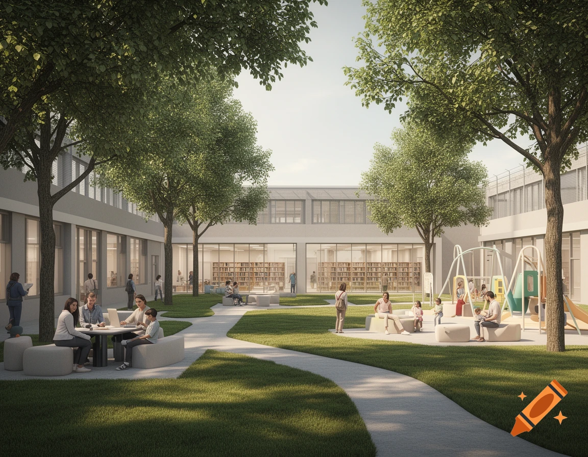An architectural rendering of a modern, open campus-style complex with green courtyards, trees, walking paths, and people relaxing or studying outdoors.