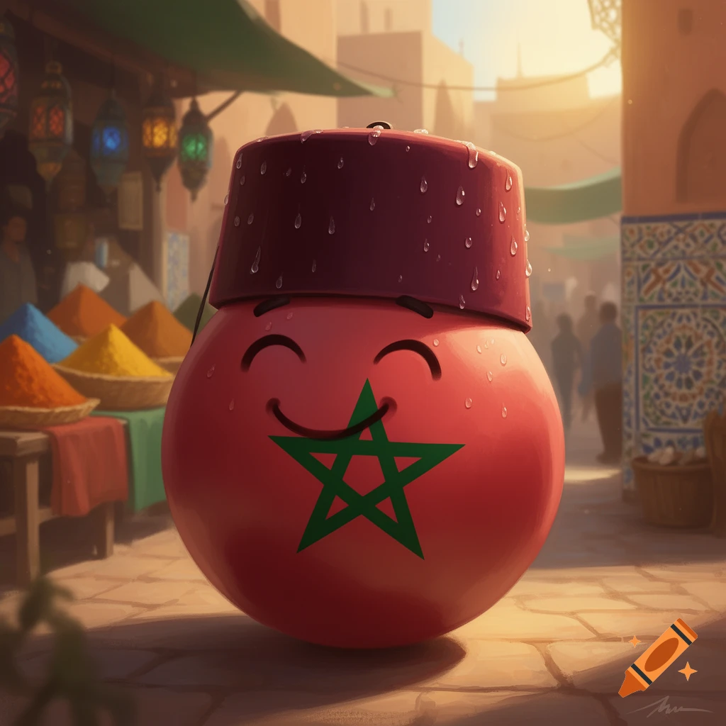 A happy, wet Morocco countryball wearing a fez stands in a vibrant market, surrounded by colorful spice piles.