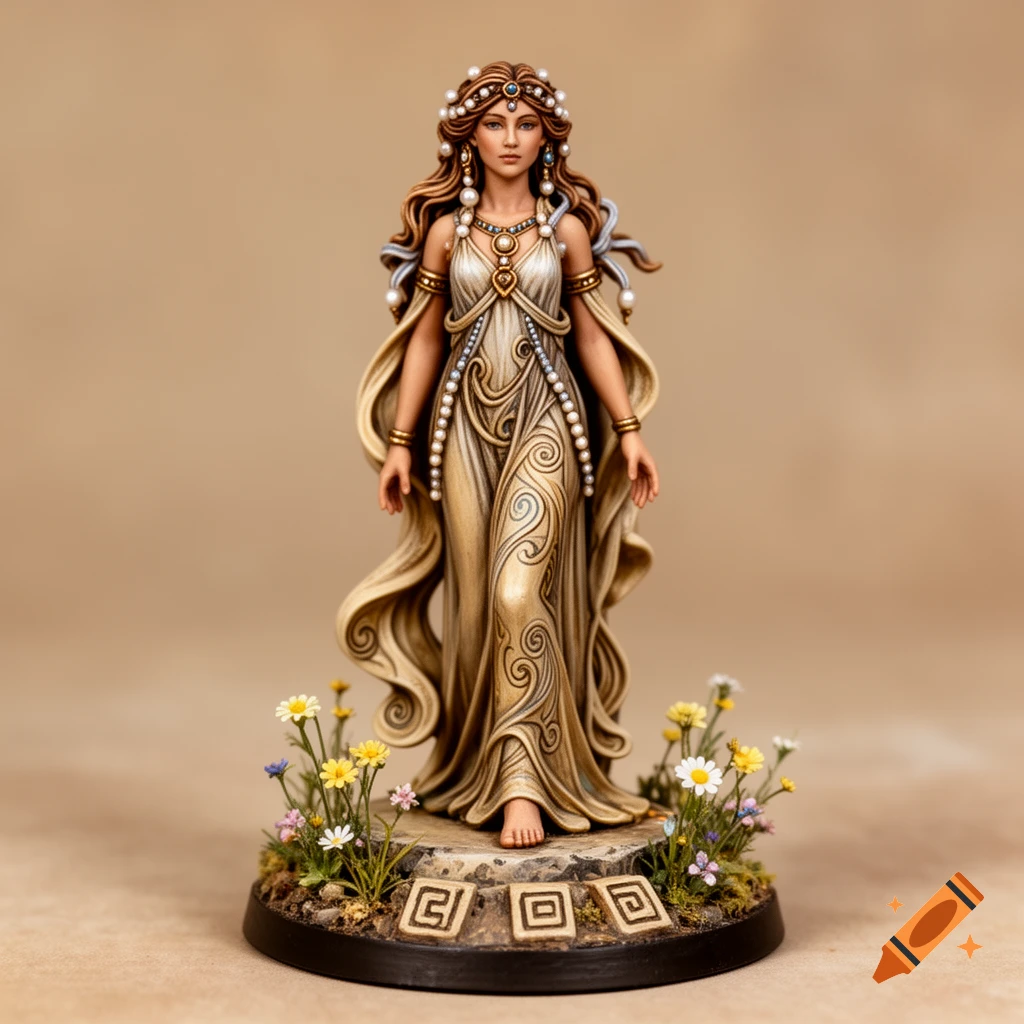 A detailed miniature of a Minoan woman figurine in an Art Nouveau style dress, adorned with pearls, standing on a floral base.