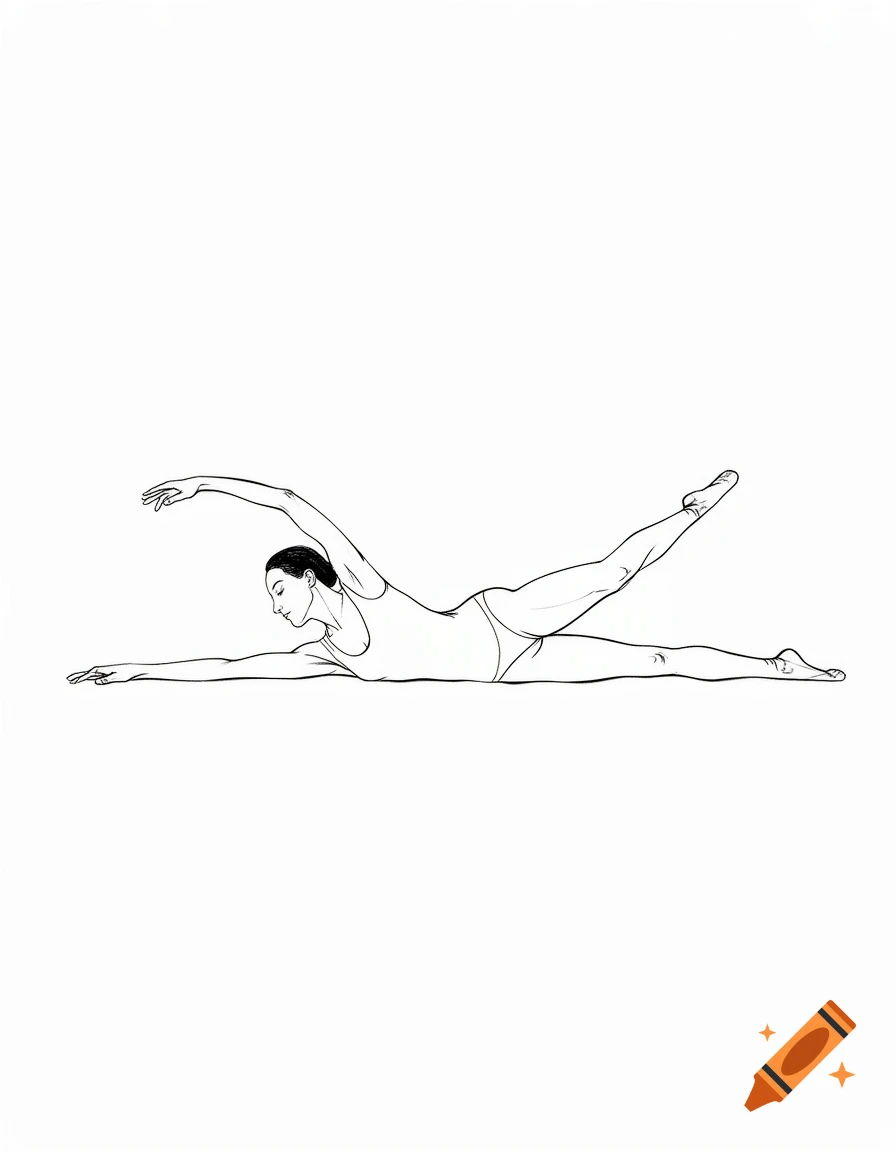 A black and white line drawing of a person lying down, raising their left arm and right leg.