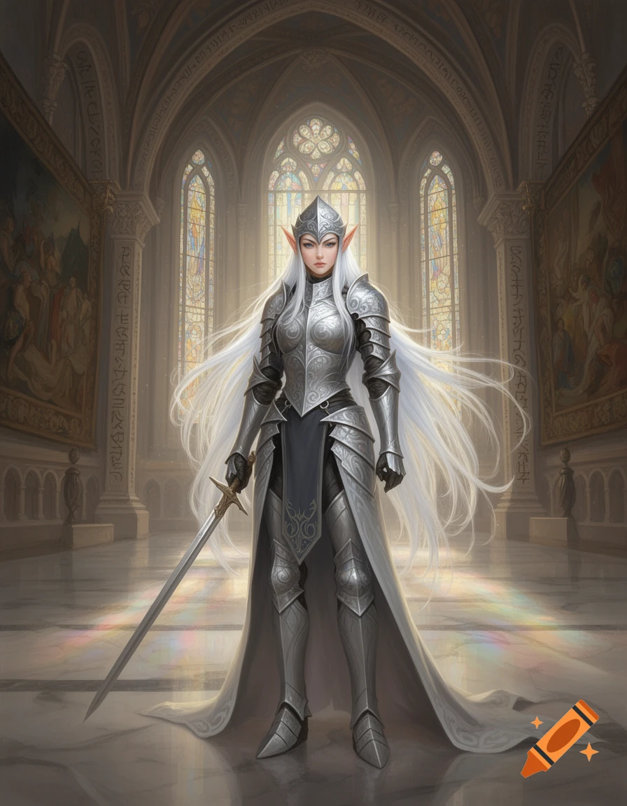 A white-haired female elf knight in silver armor holds a sword in a grand hall with stained-glass windows, digital art.
