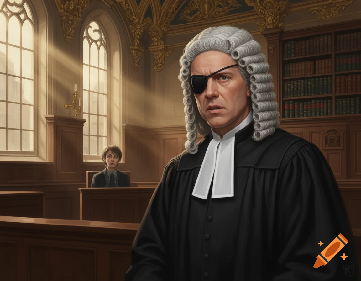An illustrated portrait of an eye-patched barrister in a wig and robe, in a traditional courtroom with a witness.