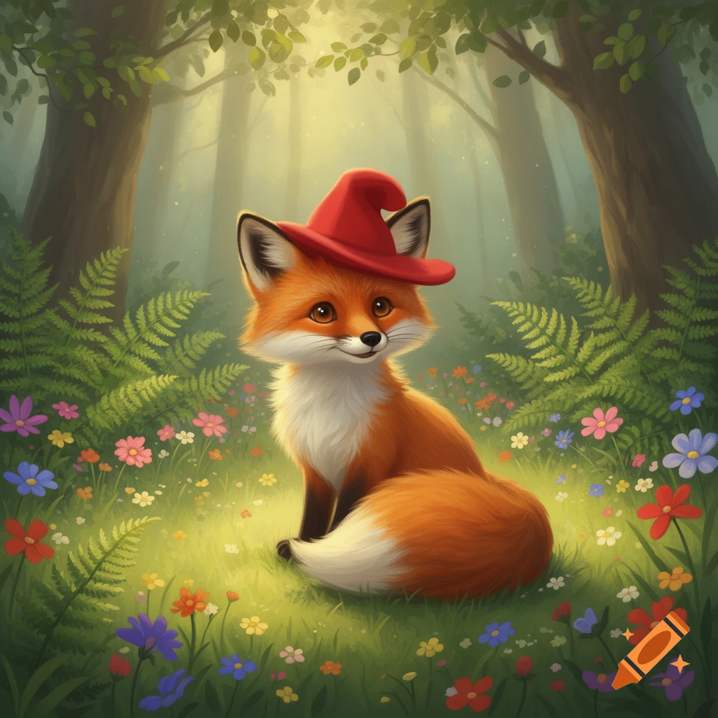 A cute, orange fox wearing a red pointed hat sits in a vibrant, sunlit ...