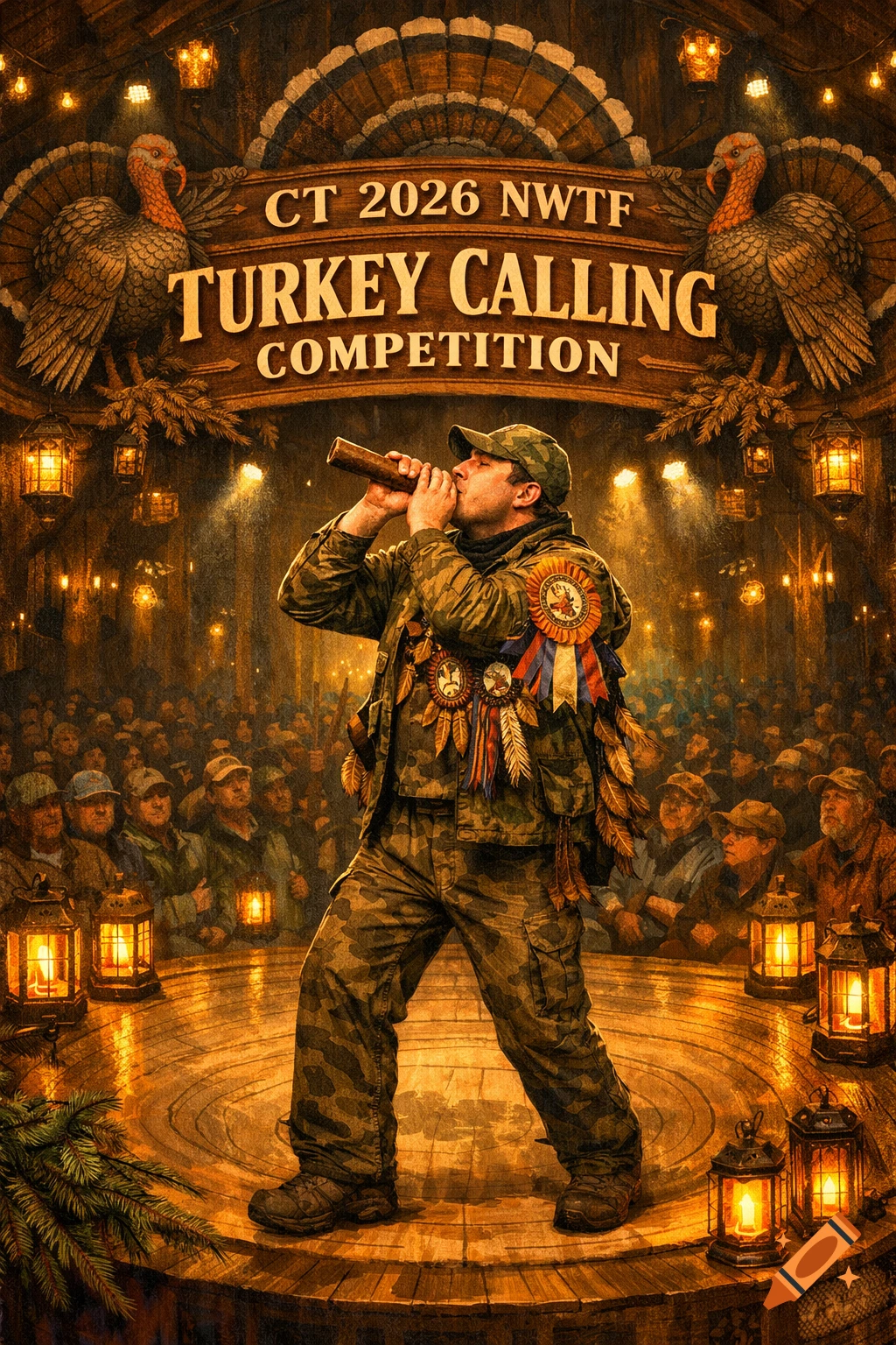 A man in camouflage makes a turkey call on a wooden stage, illuminated by lanterns, under a banner for the 'CT 2026 NWTF Turkey Calling Competition'.
