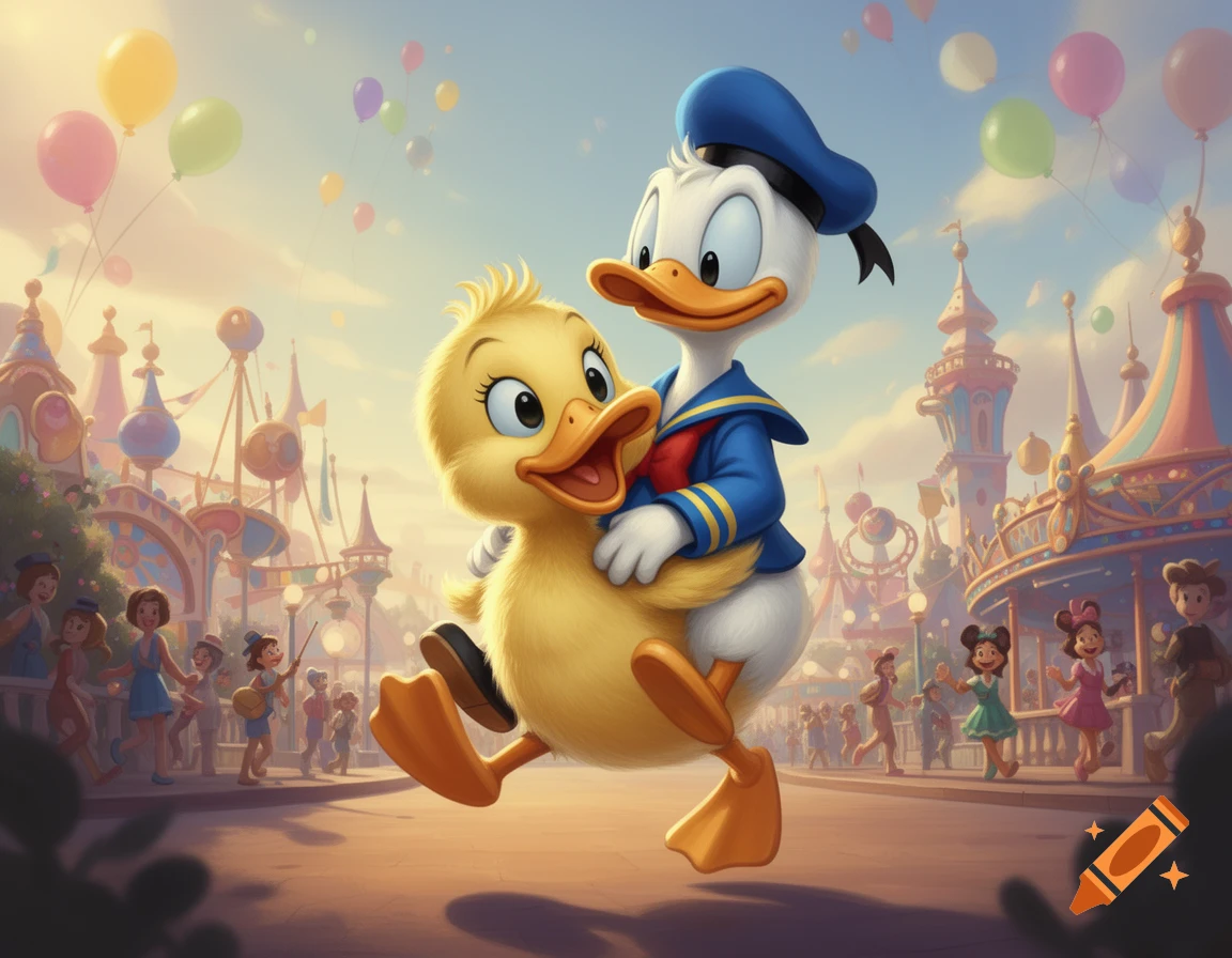 Donald Duck gives a baby duck a piggyback ride through a colorful Disney theme park, with balloons floating in the sky.