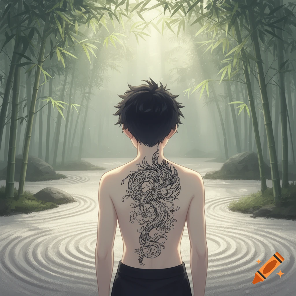 Anime style art of a boy from behind, shirtless, with a large dragon and floral tattoo on his back, in a bamboo forest with a raked zen garden.