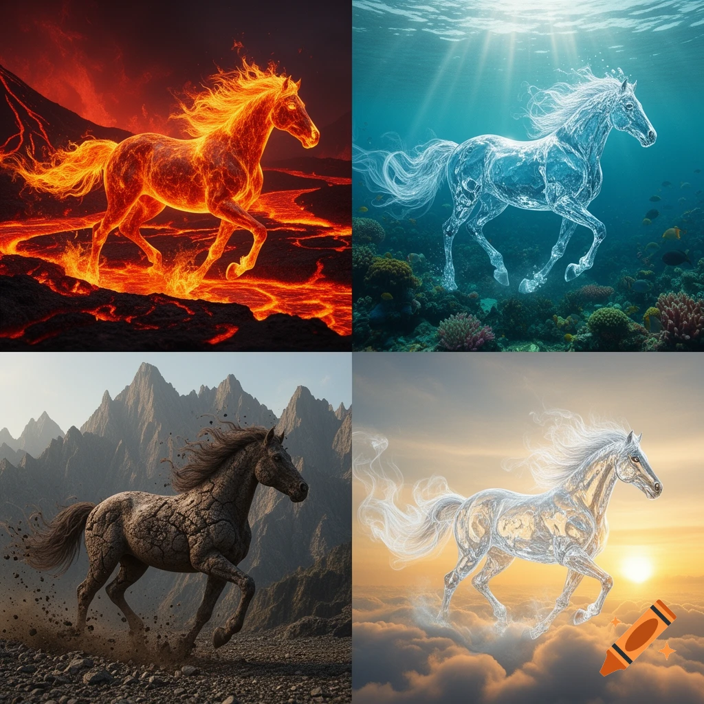 A hyperrealistic four-panel collage featuring elemental horses: fire horse in volcanic landscape, water horse in seabed, earth horse in mountains, and ethereal horse in the sky.