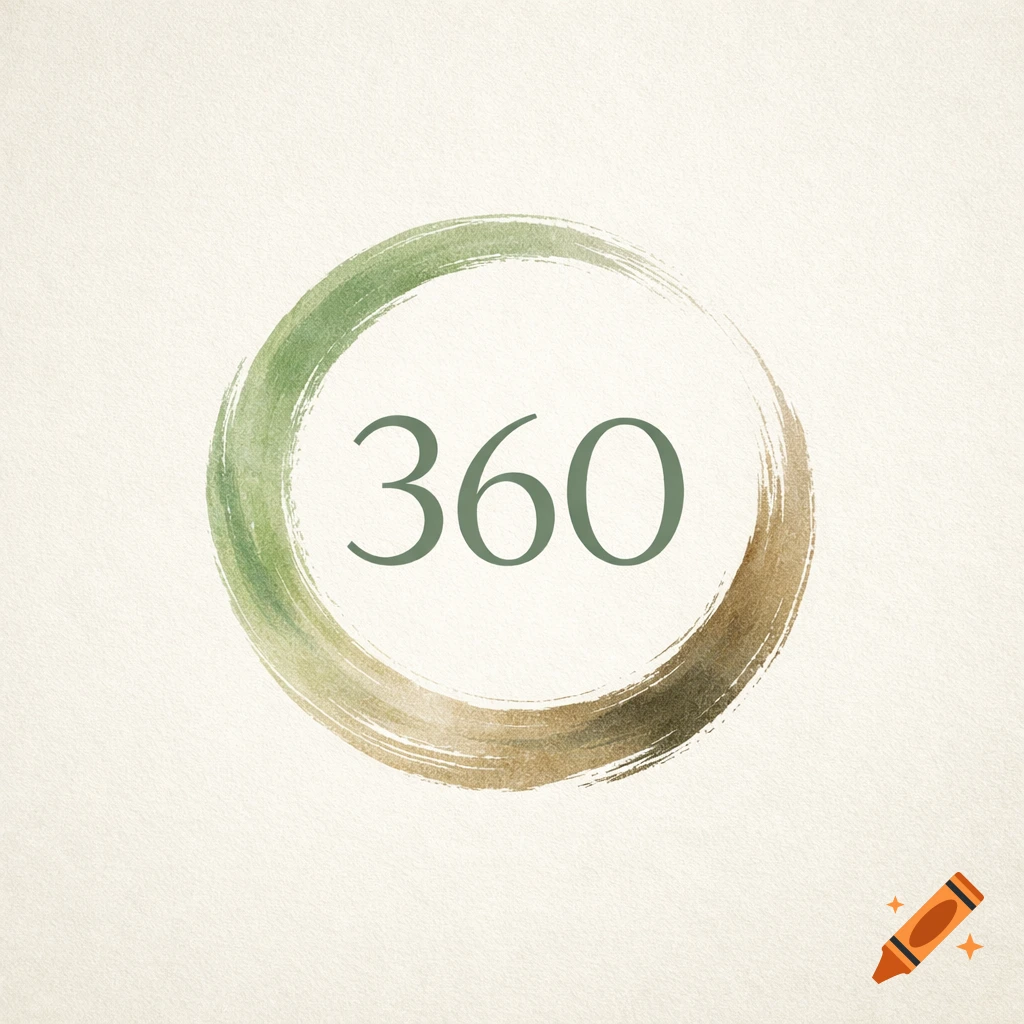 Minimalist logo with '360' inside a green and brown watercolor zen circle on a textured paper background.