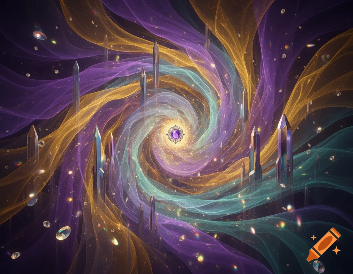 Vibrant abstract cosmic swirl of purple, gold, and teal energy, with scattered crystals and a central glowing purple gem.