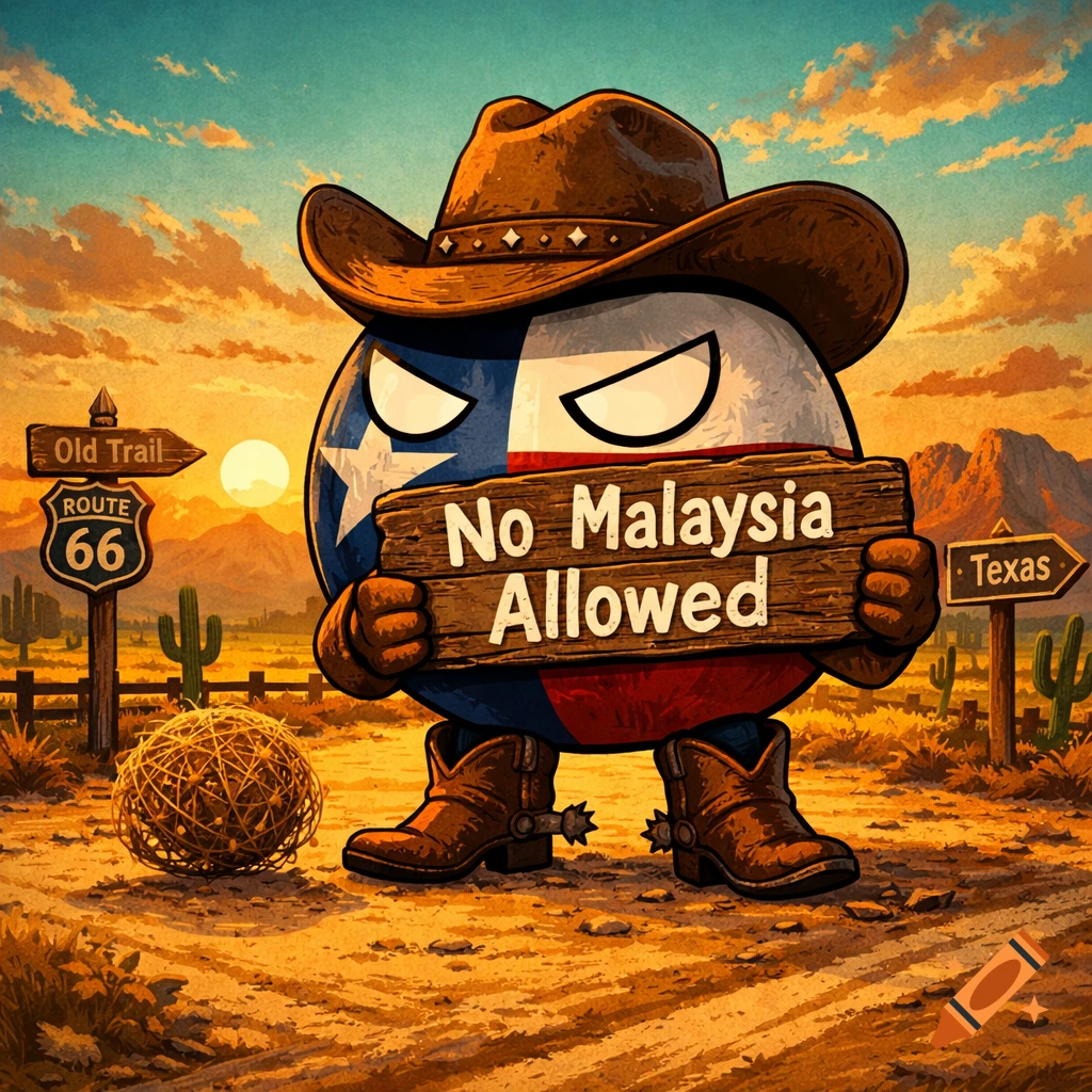 A cartoon Texas Countryball wearing a cowboy hat and boots holds a sign saying 'No Malaysia Allowed' in a desert landscape with road signs for 'Route 66' and 'Texas' at sunset.
