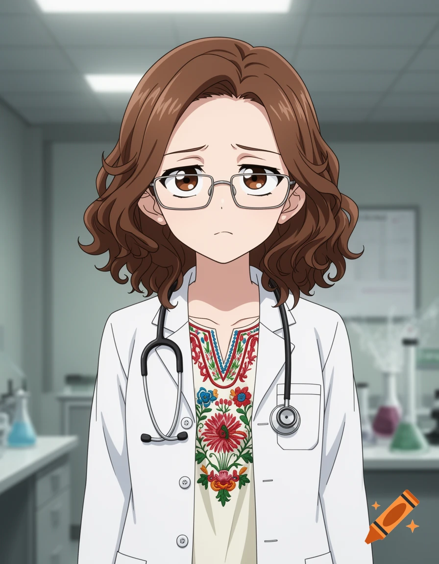 Anime girl with curly brown hair, glasses, wearing a lab coat and a colorful embroidered shirt, a stethoscope around her neck, in a lab.