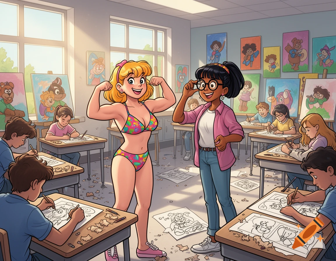 Cartoon image of two young women posing in an art classroom. One flexes in a bikini, the other adjusts her glasses, as students draw.